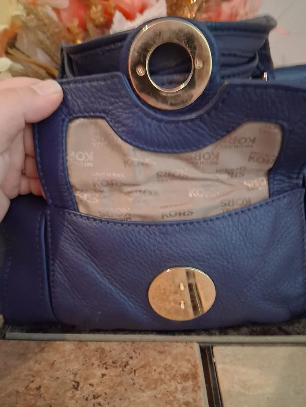 Michael Kors Navy Leather Slouchy Barrel Bag with Gold Hardware